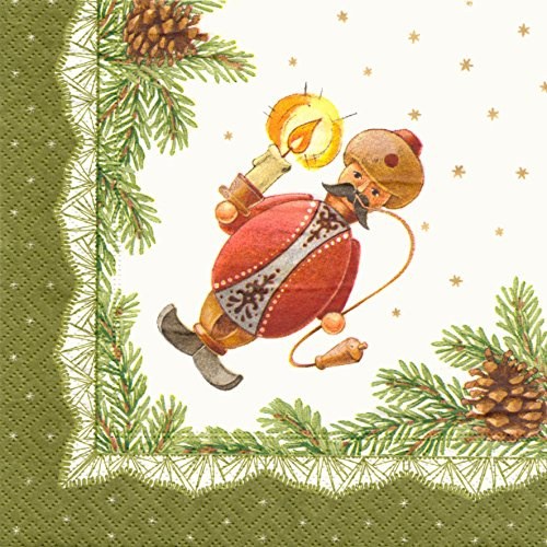 Servietten grün mit Räuchermann Muselmann und Tannenzweigen, 20 Stück, von DREGENO SEIFFEN – erzgebirgische Weihnachtsdekoration