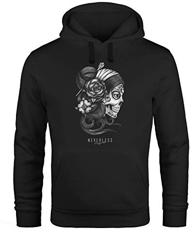 Neverless® Hoodie Herren Santa Muerte La Catrina Mexican Skull Dia de los Muertos Tattoo Design Kapuzen-Pullover Männer schwarz 4XL