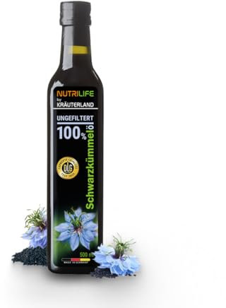 NUTRILIFE by Kräuterland Schwarzkümmelöl 500ml, ungefiltert, naturrein ohne Zusatzstoffe, 100% Nigella Sativa, Omega 3-6-9, kaltgepresst, glasflasche, mühlenfrisch aus unsrer hessischen Ölmühle