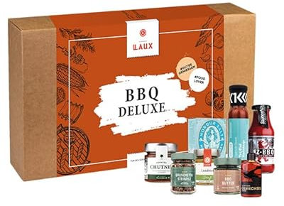 LAUX BBQ Deluxe Set | Geschenkbox mit 8 Gourmet BBQ-Spezialitäten | Grill Zubehör Aus Hochwertigen Zutaten | Geschenkidee zu Muttertag & Vatertag