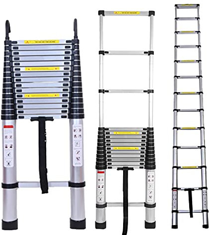 6.2M Silver Telescoping Ladder 20.5FT Aluminum Foldable Ladder Extendable Portable Loft Ladder with 2 Roof Hooks Grip Handle Easy to Carry EN131 Safe Standard CE Registered Max Load 330 Pound/150 kg