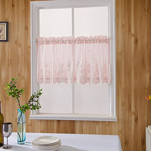 A.Monamour Gardine Scheibengardinen Kurzstores Kurzer Vorhang für Küche Schrank Tür Bestickte Spitze Sheer Voile Vorhänge Kleines Halbes Fenster Volant Stoff Küchenvorhang Fensterbehandlung - Rosa