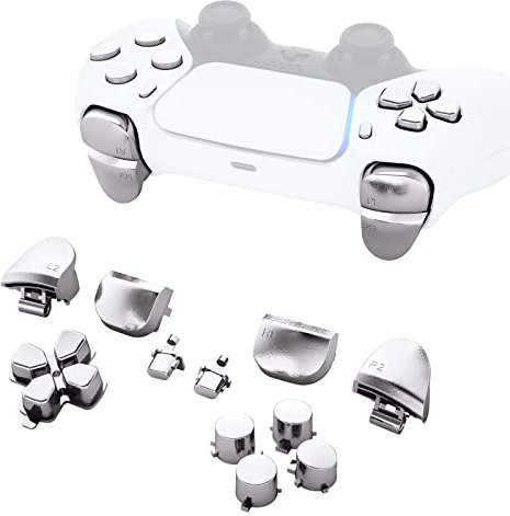 eXtremeRate Boutons Remplacement pour ps5 Manette BDM-010/020, Kit de Boutons D-Pad R1 R2 L1 L2 Triggers Share Options avec Outils pour ps5 Manette, Chromé Argent