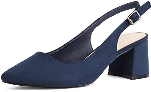 Greatonu Women's Pointed Toe Slingback Court Shoes Block Heel Ladies Pumps Ankle Strap Dress Shoes Navy Size 6