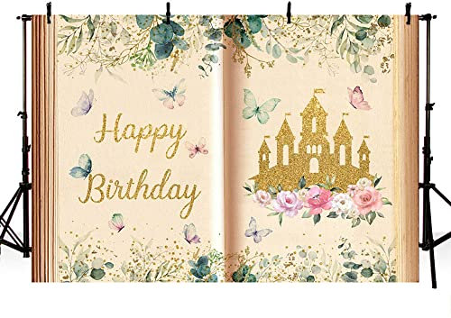 MEHOFOND 2,1 x 1,5 m Märchenbücher-Hintergrund Once Upon a Time, antikes Schloss Prinzessin goldene und grüne Blätter, Hochzeit, Geburtstag Party