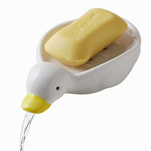 MAKOUYU Seifenschale, selbstentleerend, Seifenhalter, niedliche Entenform, Seifenablage für Dusche, Badezimmer, Badewanne, Küche, Spüle, Keramiktablett-Halter (Ente)