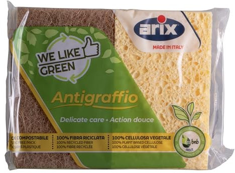ARIX | Antigraffio Delicate Care, 2 Spugne in Cellulosa della Linea We Like Green, Eco-Friendly, Materiali 100% Riciclati e Riciclabili - Made In Italy