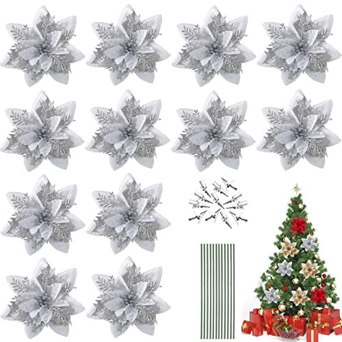 Qunkun 12 Stück Weihnachten Glitzer Weihnachtsstern Künstliche Blumen, Weihnachtsstern Deko Blumen, Weihnachtsblumen, Christbaumschmuck, Weihnachten Blumen mit 12Pcs Vorbauten und Clips