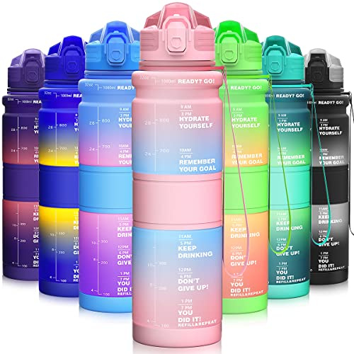 MIKAMEE Bunte Sport Trinkflasche 1l / 500ml mit Zeitangaben, [BPA-frei Tritan] Trinkflaschen Auslaufsicher 1 liter Wasserflasche, Sportflasche für Fahrrad, Camping, Yoga, Gym, Kinder