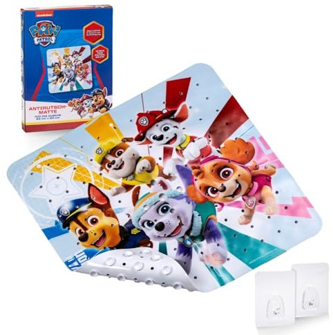 PAW Patrol rutschfeste Duschmatte für Kinder - Anti Schimmel Duscheinlage Fans, antibakteriell, mit Saugnäpfen, Aufhängern und Ablauflöchern, 53x53cm