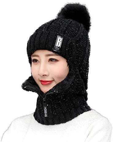skytowards Mützenschal Schwarz Halswärmer Sturmhaube Winter Schalmütze Fleece Kapuzenhut Strickmütze Wintermütze mit Haarball Schlupfmütze Warm Bommelmütze Mütze mit Reißverschluss für Outdoor