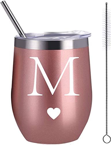 Calltoge Personalized Initial Gifts 12 Ounces Stainless Steel Wine Tumbler with Straw Brush Rose Gold Insulted Mug Wedding Bridesmaid Birthday Graduation Gift for Men Women Monogrammed Gift (M)