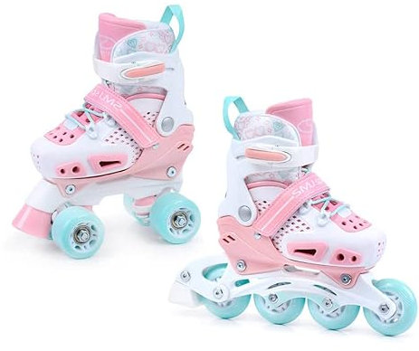 SMJ Kinder Mädchen Set 2in1 Inliner/Rollschuhe VERSTELLBAR | ABEC5 Inline Skates | Umbaubar zu Quad Skates | Rosa (29-33)