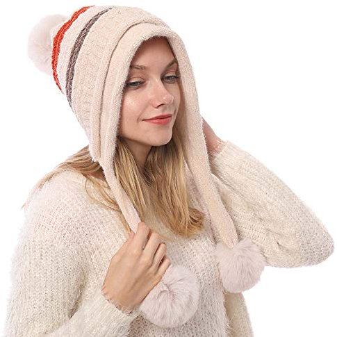 Kangqifen Damen Winter Gestreifte Fleece Gefüttert Warme Strickmütze Bommelmütz Gestrickte Mütze mit Ohrenklappen 3 Pompon (beige)