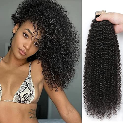 YDDM 20 Zoll Tape Extensions Echthaar 40 StüCk 100g Schwarz Kinky Curly Tape In HaarverläNgerung Echthaar Schwarze Frauen Tapes Unsichtbare Extensions Echthaar Tape Extensions Echthaar