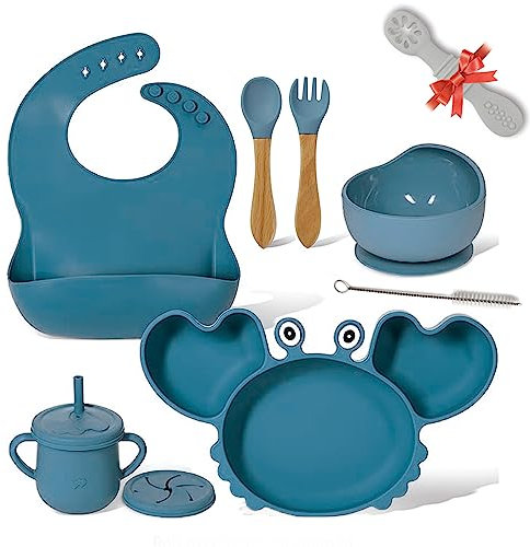 Guizmofy® Coffret Repas Complet Avec Assiette silicone Ventouse en Forme De Crabe, Bol, Cuillère Bébé 1er Age, Micro Onde