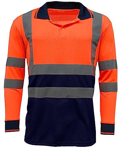 DURUS WORKWEAR High Visibility Long Sleeve Reflective T-Shirt Plain & Two-Tone Polo Work Top Orange/Navy