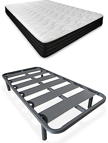 DUÉRMETE ONLINE Komplettes Bett mit wendbarer Visko-Matratze (Winter/Sommer) + verstärktem Lattenrost 40 x 30 mm mit Metallbeinen, legierter Stahl, grau, 90 x 190 cm
