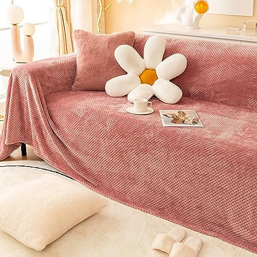 Daesar Couchbezug Eckcouch 1 Sitzer, Couch Überzug Plüsch Rosa Sofa Universal Bezug Ecksofa 200x150CM Sofaüberwurf rutschfest