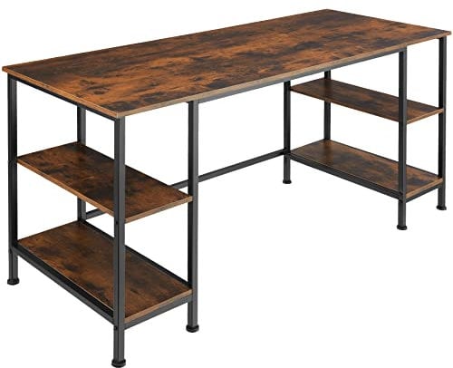 TecTake® Bureau avec 4 étagères 137 x 55 x 75 cm, Grande Table Bureau Style Industriel Bureaux Ordinateur Meuble pc Table de Travail Meuble Ordinateur Desk Teletravail Gaming, Bois foncé