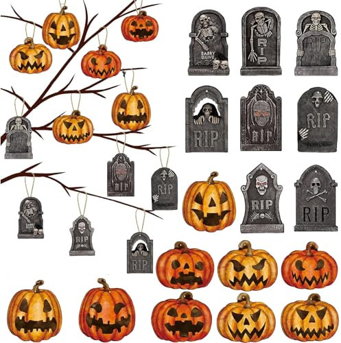 25 Pcs Hanging Ornaments Decorations for Tree - Halloween Pumpkin Tombstones Paper Hanging Tag Decorative, Funny Mini Horror Hanging Pendant for Kids Gift DIY Theme Party