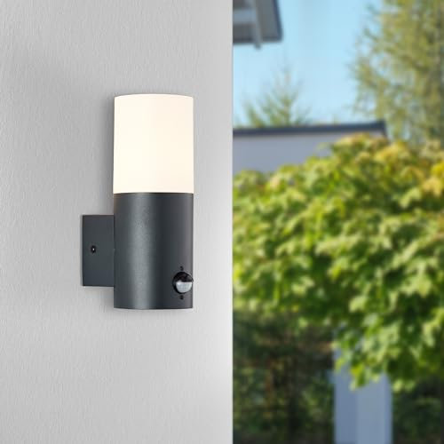 Lightbox moderne stehende Außen Wandlampe - 23 x 9 x 13 cm - Outdoor Wandleuchte mit Kunststoff Abdeckung & Bewegungsmelder - E27, max. 28 W - IP44 - aus Edelstahl/Kunststoff - in Anthrazit