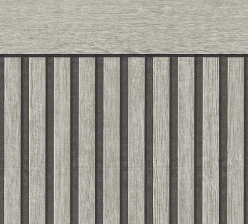 A.S. Création Tapete Holzoptik Grau Schwarz 397442 - Vliestapete Akustikpaneele - skandinavische Sockelpaneel Optik im Querformat - 5,00m x 1,06m - Made in Germany
