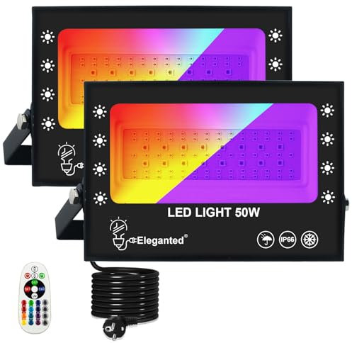 50W Reflectores LED Exteriores RGB+UV Luz Negra 2 en 1 Actualizado, Reflector De Colores Para Neon Fiesta Navidad Halloween Jardín, Uv 395-405nm 2 paquetes
