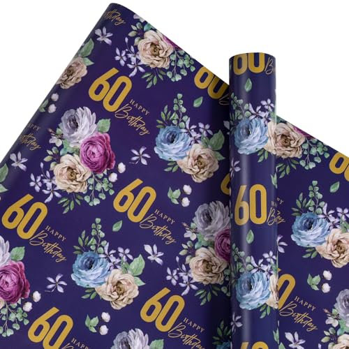 RUSPEPA Geburtstags-Geschenkpapier mit Duftenden, bedruckten Blumen für 60. Geburtstag, Party und mehr – 43,2 cm x 5 m – 60 Jahre alt