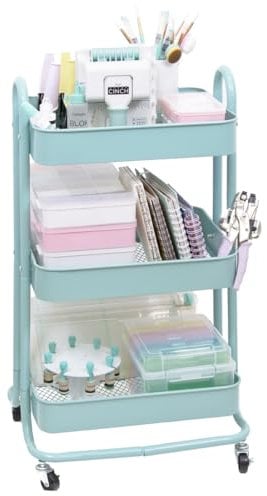 Craftelier Organisationswagen aus Metall mit 3 Ablagen | 4 360° drehbare Rollen mit Bremsen | max. Traglast 2,99 kg | Abstand zwischen den Ablagen 26 cm | Größe 78,5 x 42