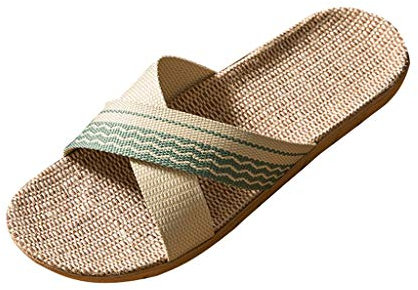 Pantofole unisex estive – Sandali piatti per coppia d'amore, boho scarpe da spiaggia bicolore estive con cinturino a croce in paglia, verde, 38 EU