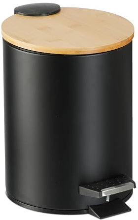 Relaxdays Cubo de Basura Baño 3 litros, Papelera WC, Tapa de Bambú, Cierre Soft Close, Bote Interior Extraíble, Negro, 22.5 x 17 x 23 cm