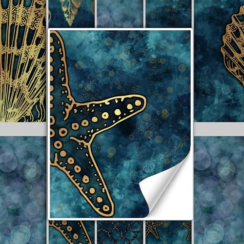 GRAZDesign Fliesenaufkleber Muscheln Blau Gold Bad Badezimmer, Fliesenbilder Set selbstklebend - 15x20cm / 10 Stück
