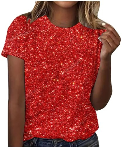 Chemise Femmes Brillant Métallisé Manches Courtes T Shirt Paillettes Grande Taille Dégradé de Couleur Blouse Coupe Ample Haut Casual Tunique Club Fête Tops Décontracté Brillante Sequins Étincelle