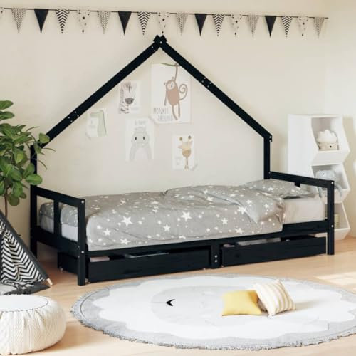 Hommdiy Kinderbett, Kinder Bettgestell mit Schubladen, Hausbett für Kleinkinder ab 4 Jahren, Einzelbett Kinder Jugendbett Holzbett Stil C,80 x 200 cm,Schwarz