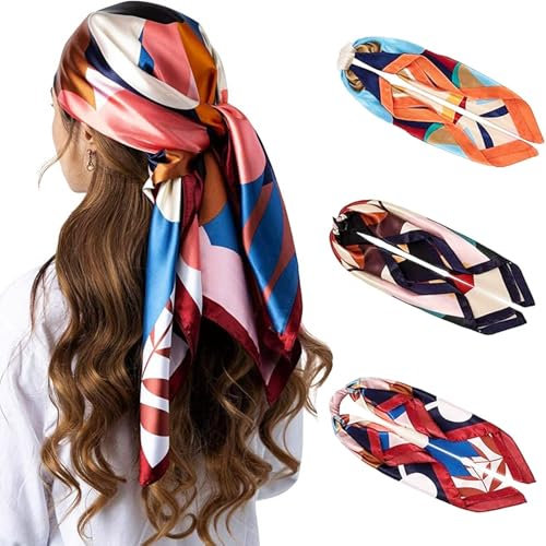 Generisch Kopftuch für Frauen, 3 Stück Großes Quadratisches Satin-Kopftuch Halstuch Satin-Kopftücher Seidengefühl Haarbandana Schal Boho-Kopfwickel Kopfbedeckung(Mehrfarbig-G)
