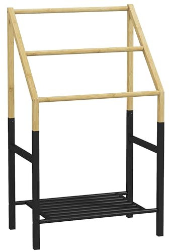 HOMCOM Portasciugamani a Terra con 3 Barre e Ripiano Inferiore Portaoggetti, Porta Asciugamani a Terra in Bambù e Acciaio, 51x31x85.5 cm, Nero e color Legno