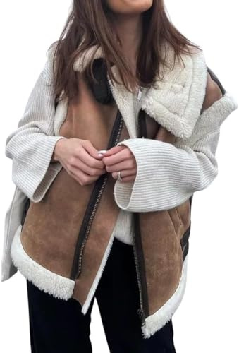 Suncadmious Damen Winter Warm Wildleder Sherpa Leder Weste Jacke Zip Up Ärmellos Lammwolle Pelz Mantel mit Taschen