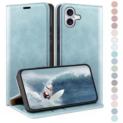 HUOUH for iPhone 16 6.1 Wallet case with RFID Blocking PU Leather,Flip Folio Book covers,Credit Card Holder Shockproof Phone case Women Men for Apple 16 case Sky Blue
