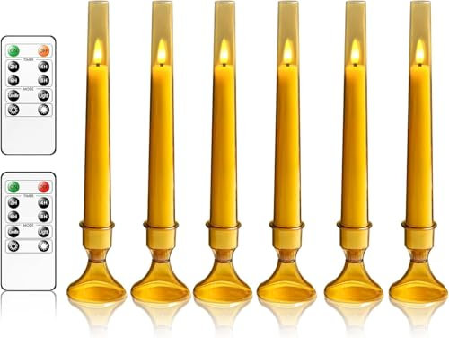 MozkeTo19 Upgraded Flameless Taper Battery Candles, 6 Pack Flickering Flameless Led Candles with 2/4/6/8 Timer and Candle Holder Set for Home Table and Wedding Party Decoration