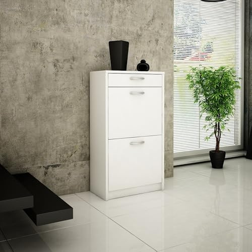 Home Collective Schuhschrank mit 1 Schublade und 2 Klappen Schuhregal mit 3 Fächern weiche abgerundete Kanten 50cm breit laminierte Platte Matte platzsparende Schuhaufbewahrung weiß