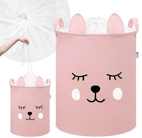 SIPO Großer Spielzeugkorb XL 43L Rosa mit Teddybär-Motiv Aufbewahrungskorb fürs Kinderzimmer aus Baumwolle für Puppen Kuscheltiere Kleidung Spielzeug Faltbar mit Kordelzug und Griffen