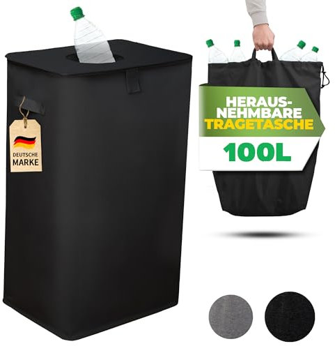 COTTARA® Pfandflaschen Sammelbehälter mit Deckel und Tragetasche | Pfandbehälter mit Einwurf | Idealer Flaschen organizer Pfandsammler Flaschensammler Leergut Sammelbehälter für Küche schwarz