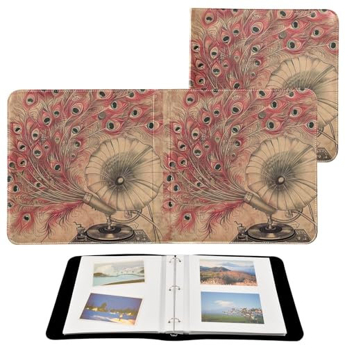 Altes Grammophon mit Pfauenfedern PU-Leder Hochzeit Fotoalbum Kreative Erinnerungen Alben Scrapbook 20 Seiten