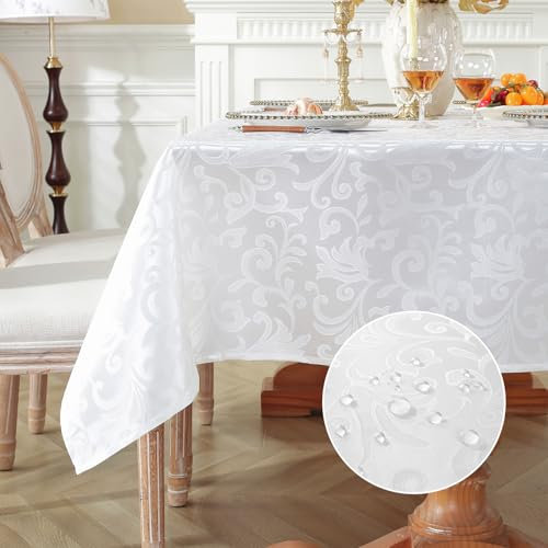meioro Tischdecke Abwaschbar, Rechteckig Damast Tischdecken Wasserdicht Polyester Stoff Tischtuch, Große Küche abwischbar Tischwäsche mit Floral Mustern für Esszimmer Hochzeiten (Weiße,130x180cm)