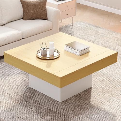 BTM Table Basse avec Éclairage LED, Table Basse Carrée, Moderne, Design en Forme de Champignon, Charge de 30kg, 70x70x40cm, Blanc et Brun