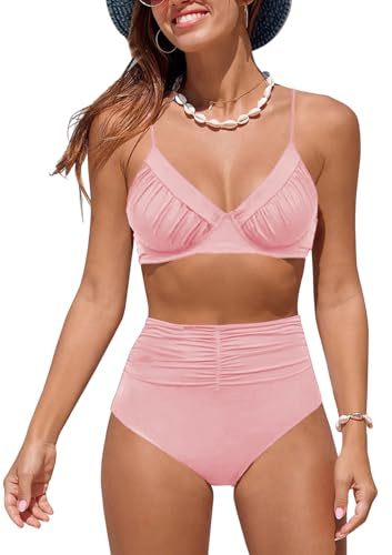NLAND Costume da Bagno Donna Due Pezzi a Vita Alta Increspato Scollo a V Sexy Bikini Set Costumi Mare Halter Push Up Imbottito Beachwear