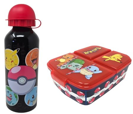 Theonoi Juego de fiambrera para niños, fiambrera con división/compartimentos y botella de agua (Pokemon Black)