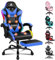 ALFORDSON Sedia da gioco da massaggio con LED, inclinazione di 150°, Sedia ergonomica con poggiapiedi, regolabile in altezza, capacità di carico 180 kg, Ecopelle, Blu