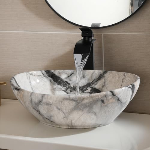 Zoyueyu 16×13 Inch Ceramic Bathroom Vessel Sink, Marble-pattern Oval | Above Counter, With Faucet and Pop Up Drain Combo, Sinks Bowl for Vanity, Porcelain Art Basin, Easy Clean and Install